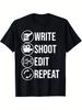 Funny Write Shoot Edit Repeat Gift Cute Filmmaker Men Women T-Shirt Same Style for Men and Women 2025 Summer Short-sleev