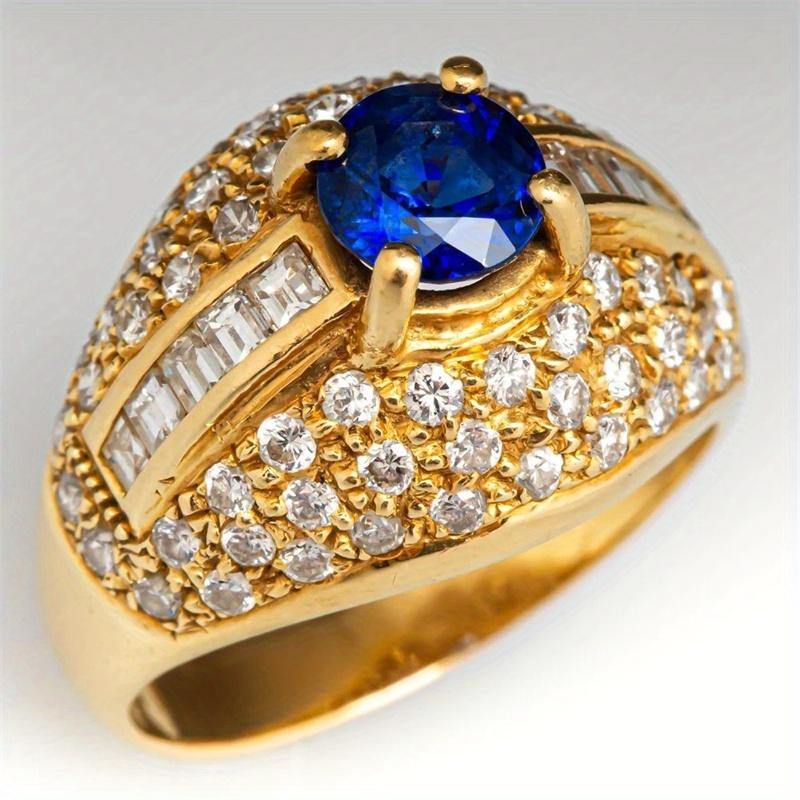 Exquisite Inlaid White Blue CZ Women's Ring Trendy Gold Color Geometry Daily Wear Party Jewelry Anniversary Gift