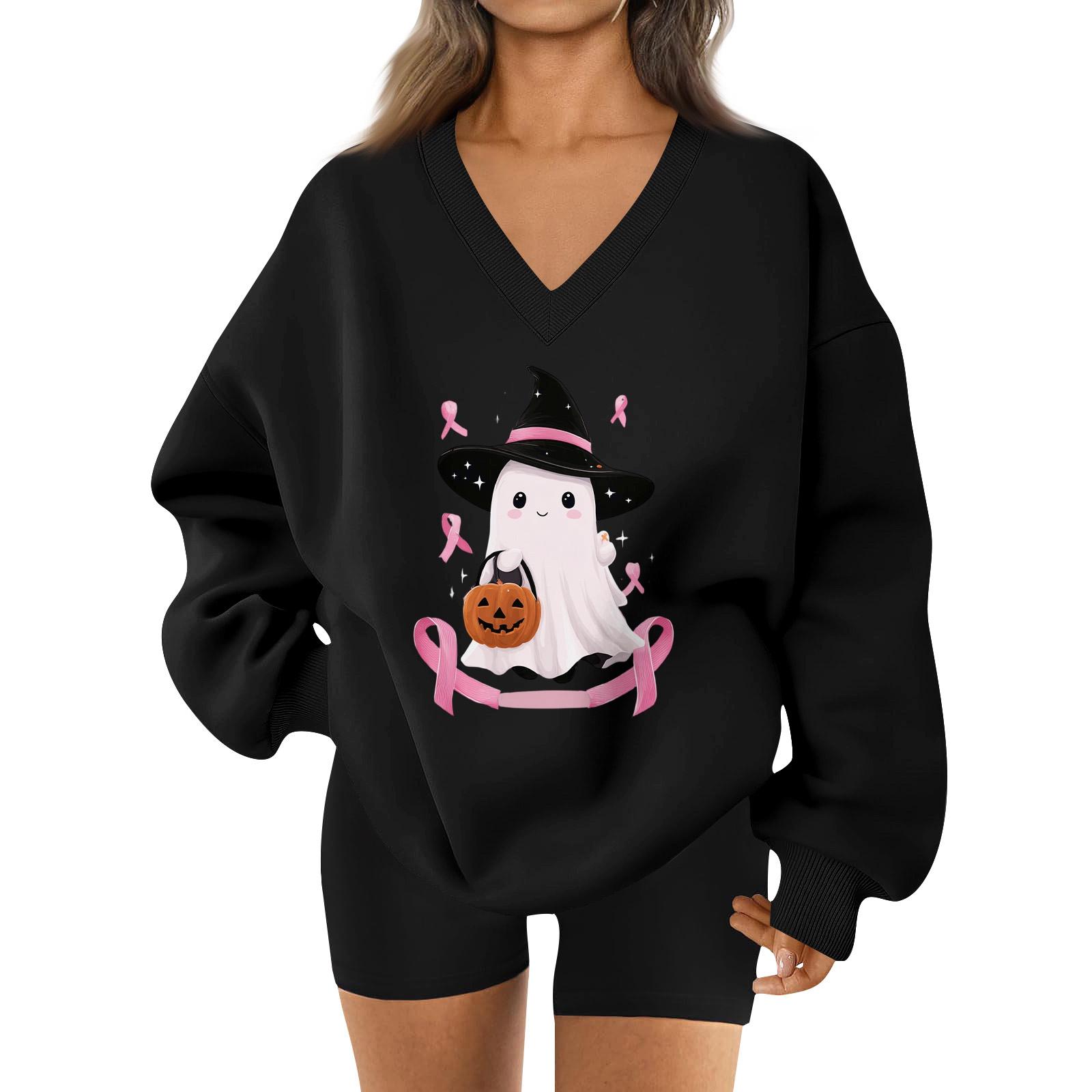 

Женский спортивный свитшот с V-образным вырезом, приспущенным плечом и принтом на Хэллоуин M