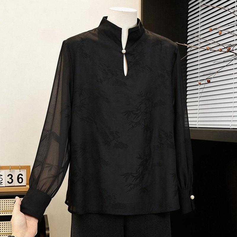 

Women s Spring/Summer Chiffon Stand Collar Shirt - Loose Fit, Long Sleeve, Gentle Chinese Style 3XL (Recommended 125-140 jin)