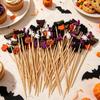 Halloween Wooden Picks Pumpkin Ghost Bat Fruit Toothpicks for Halloween Party Cupcake Dessert Food Table DIY Decoration Supplies