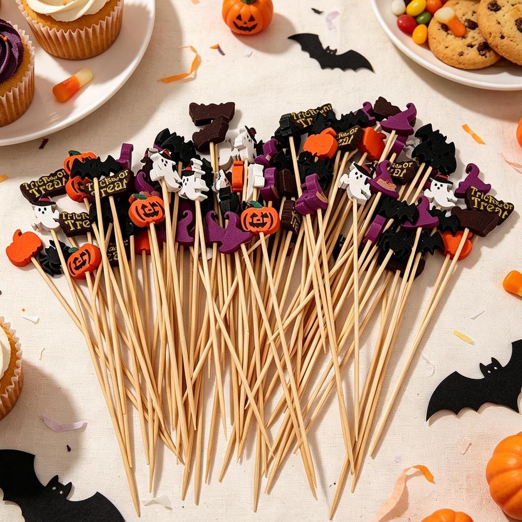 Halloween Wooden Picks Pumpkin Ghost Bat Fruit Toothpicks for Halloween Party Cupcake Dessert Food Table DIY Decoration Supplies