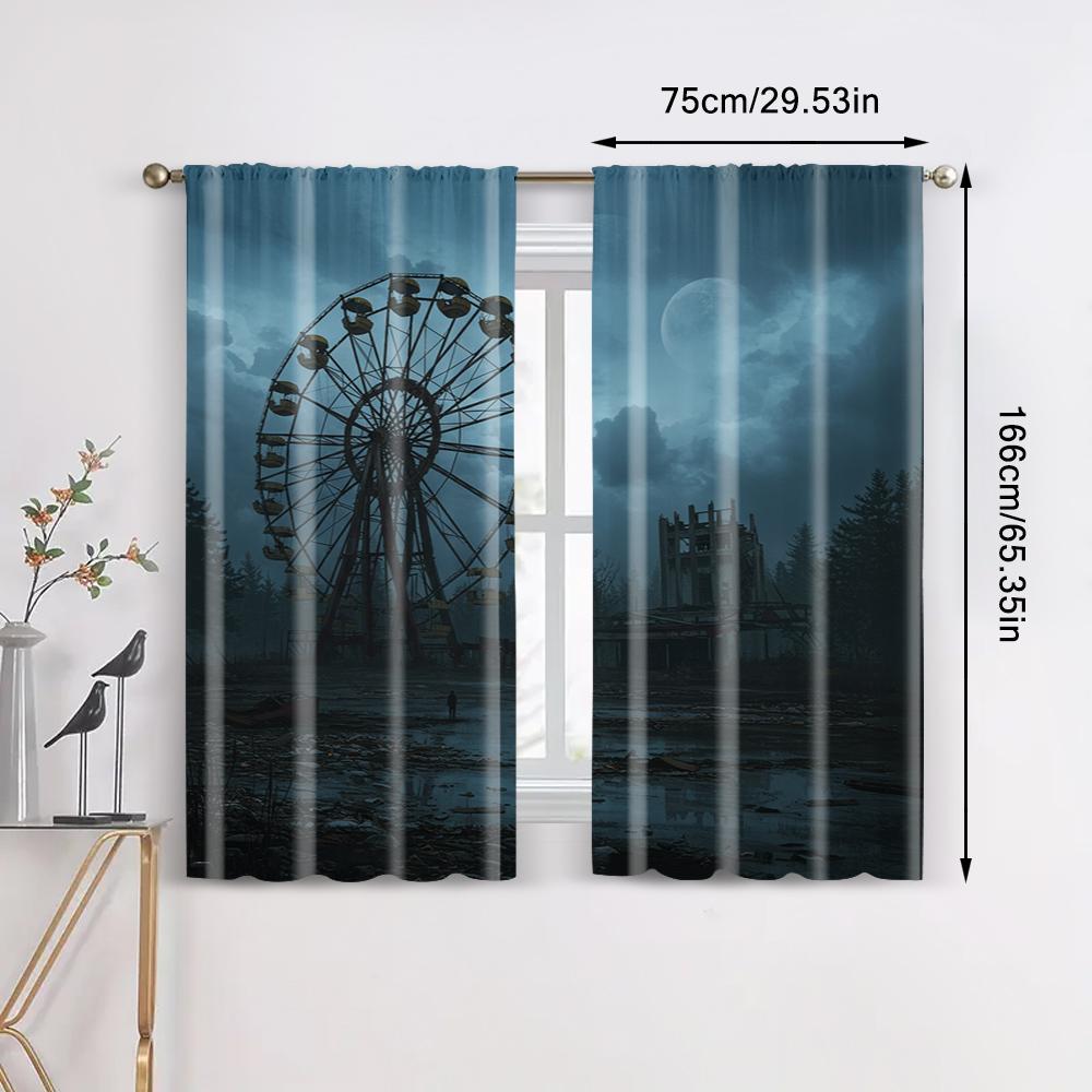 2pc   Window Curtains Gothic Style Skyscraper Durable 100% Polyester Fabric  Without Electricity Birthday Party for