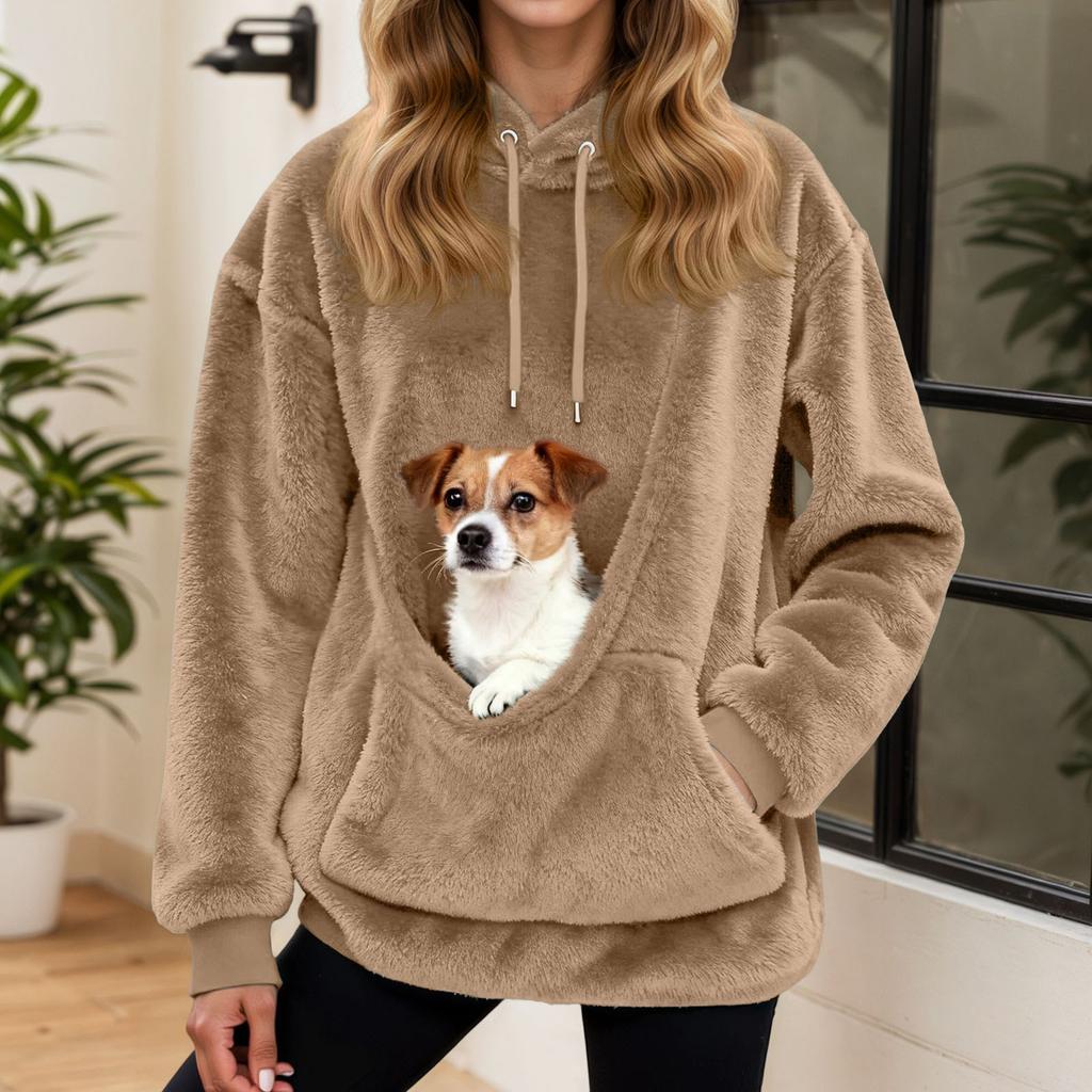 Huvtröja Dam Höst och Vinter Fleece Husdjursficka Med Huva Sweatshirt Rolig Pullover Topp Katt och Hundhållare Bärsele Huvtröjor