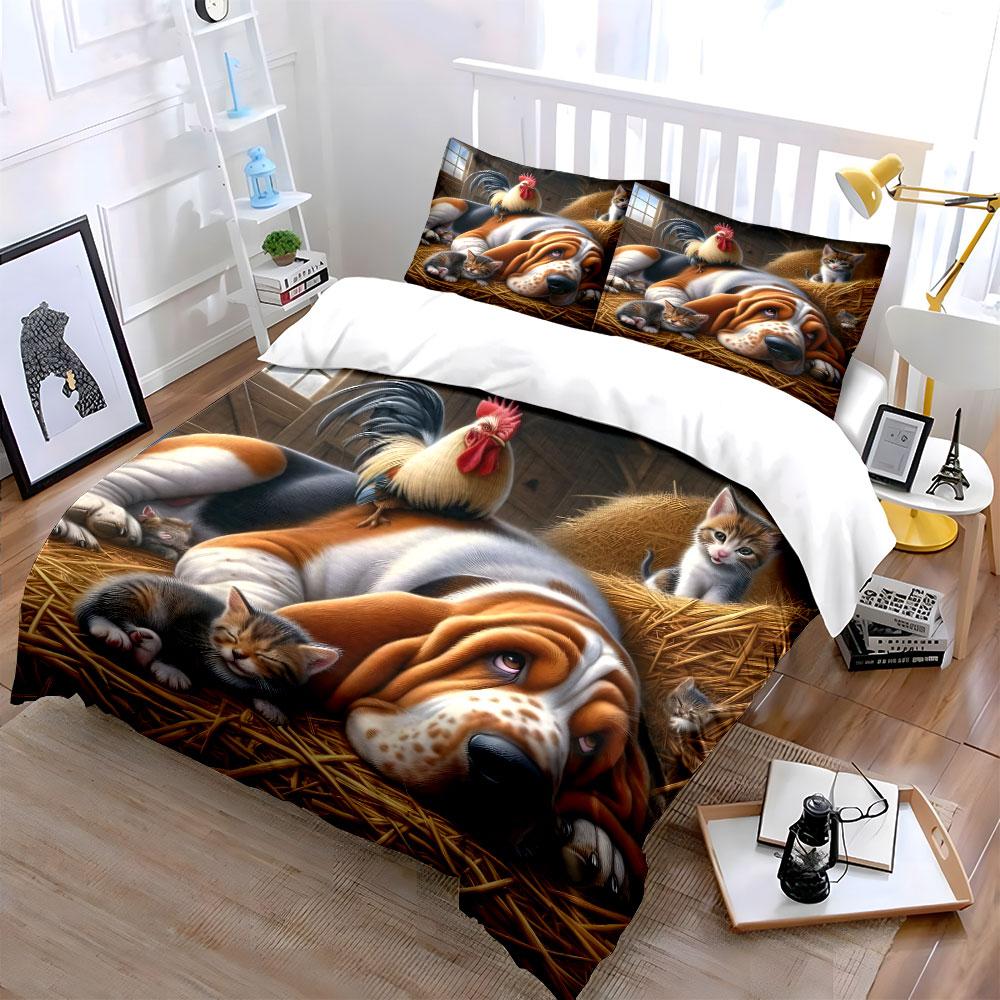Cozy Barn With Dog Cats Rooster Bedding Set For Kids Luxury Gift 3Pcs Digital Print Comforter Set Soft Comfortable Breathable