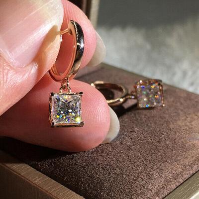 Rose Gold Silver Color Luxury Princess Cut White Blue Red Green Stone Drop Stud Earrings Womens Wedding Jewelry Gifts