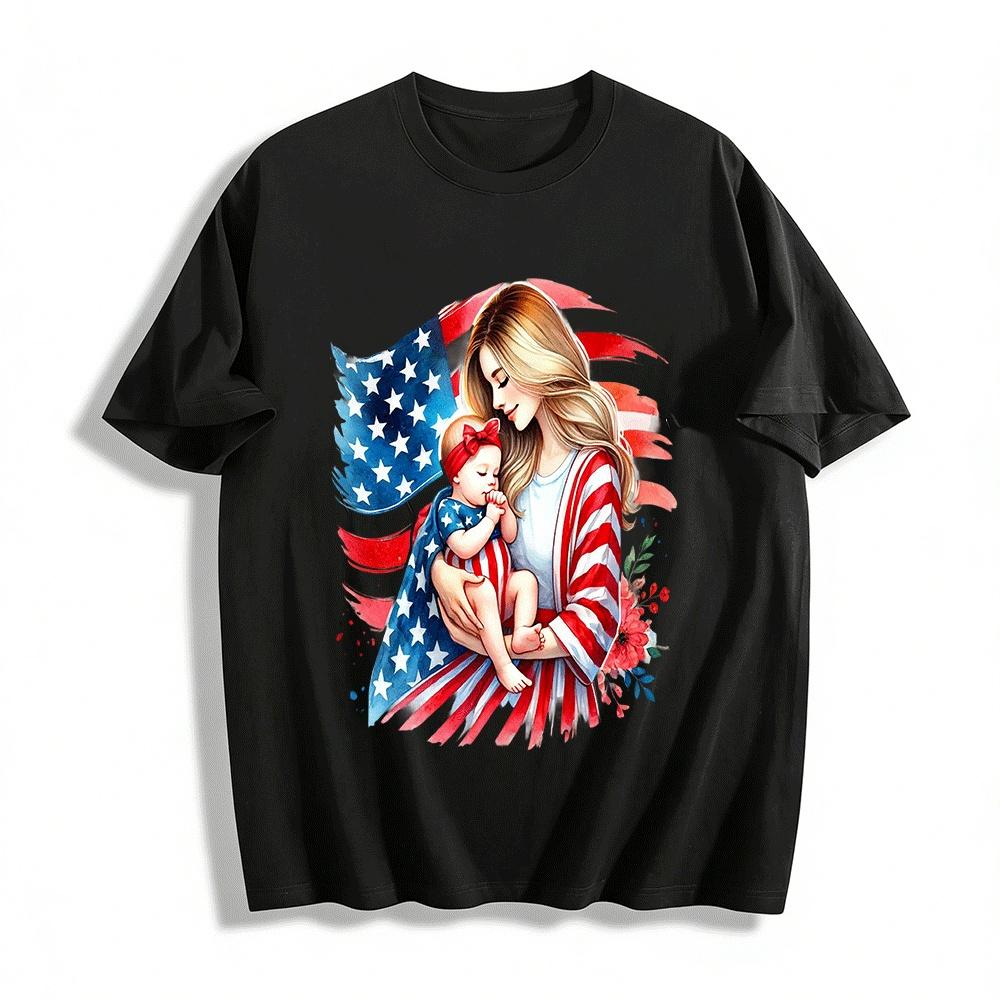 Patriotic Mother Baby USA Flag Graphic Tee Shirt Pure cotton T-shirt XXS