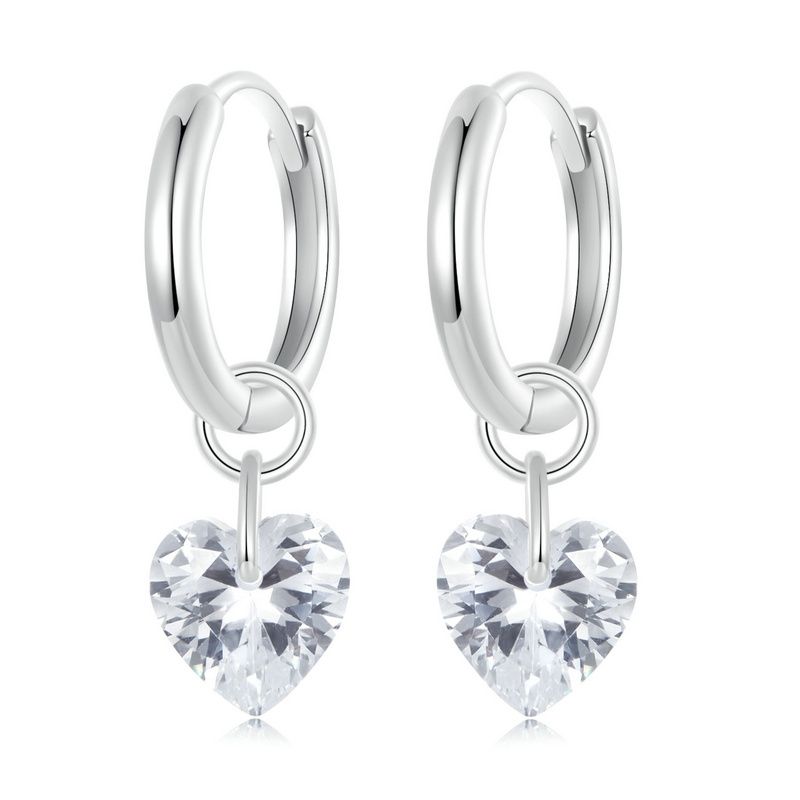 WOSTU 925 Sterling Silver European Simple CZ Ear Buckles Heart Hoop Earrings for Women Wedding Gift Minimalism Jewelry