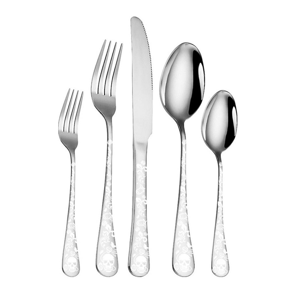 

5pcs Skull Pattern Stainless Steel Cutlery Set Halloween Steak Knife Fork Spoon for Restaurant Hotel Western Dining