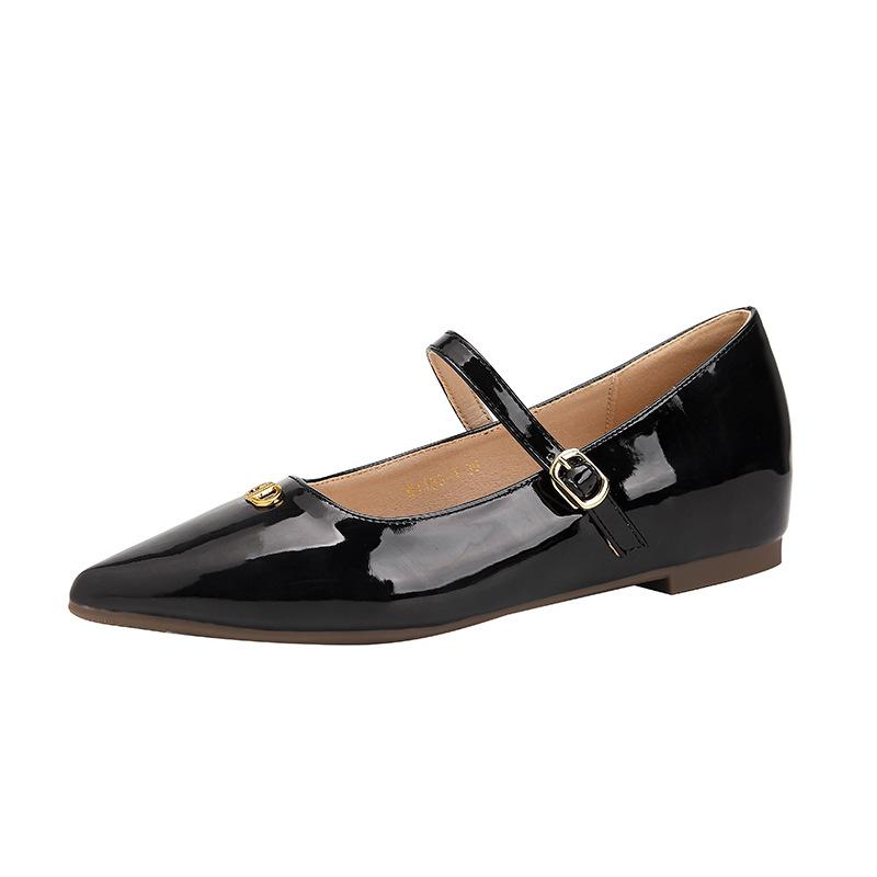 Inner heightening flat-soled single shoes with skirts, small fragrant style pointed single shoes, women's one-word buckle low heel belt, Mary Jane W