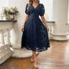 Frühling/Sommer Damen Kurzarm V-Ausschnitt Hohe Taille Vintage Elegantes Kleid