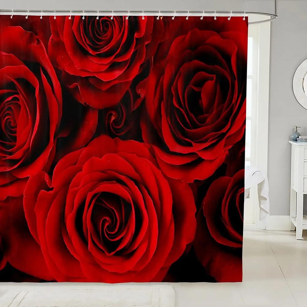 Rose Shower Curtain for Girls Couple Valentines Day Gift Romantic Floral Bath Curtain Botanical Flower Nature Bathroom Curtain