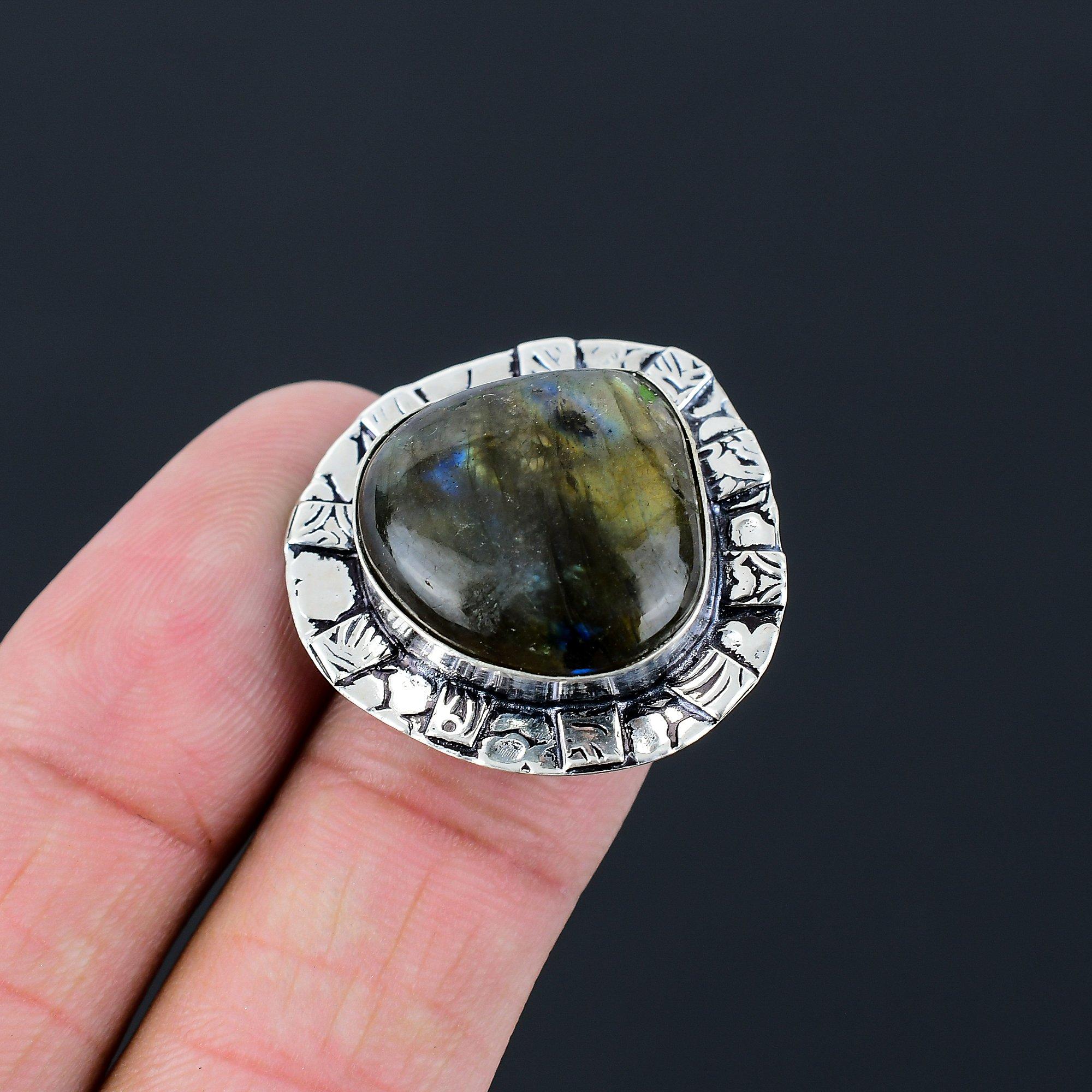 Pear Natural Labradorite 925 Silver Statement Solitaire Ring Jewelry Size 6.5 6.5