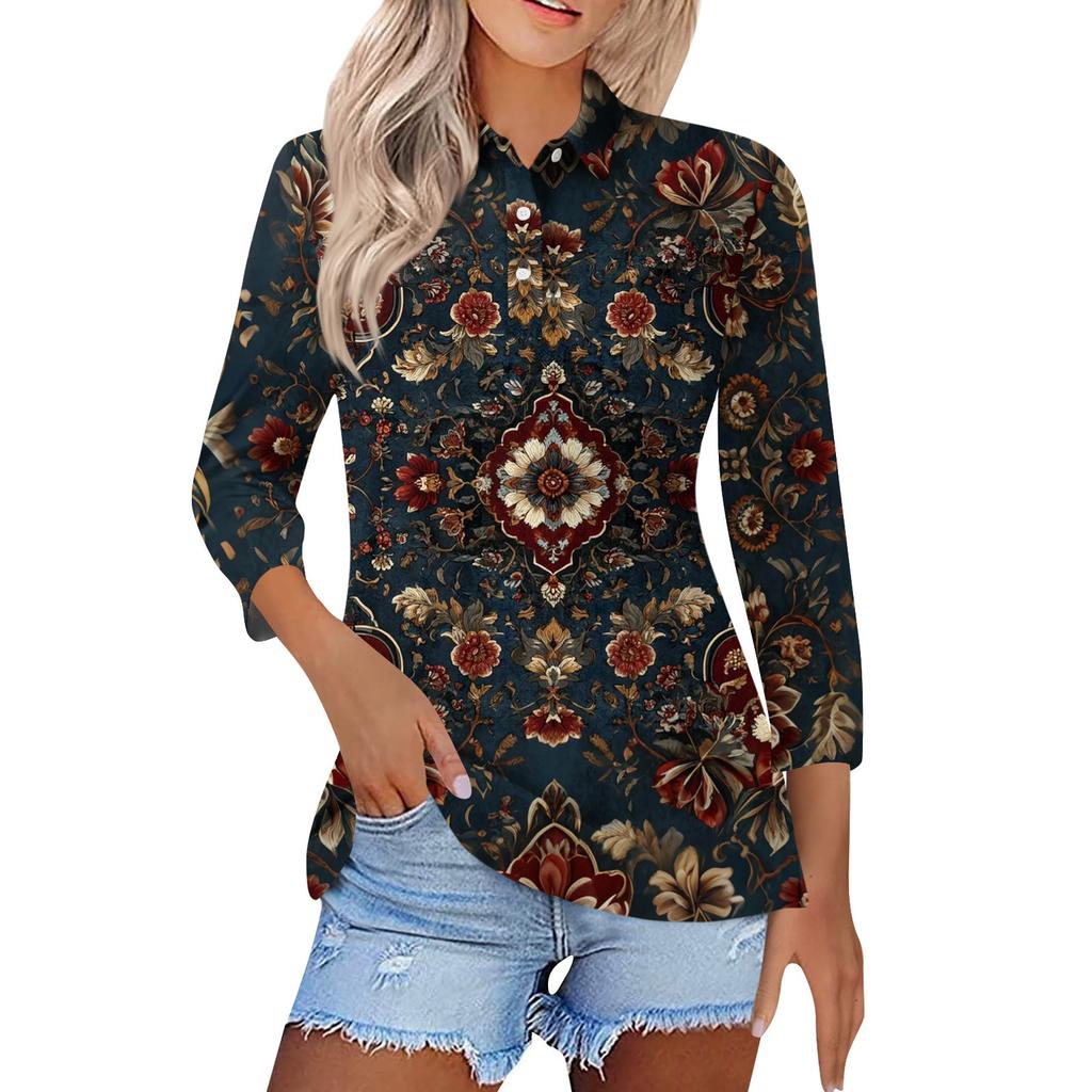 Women's Fashion Casual Lapel Short 3/4 Sleeve Print Shirt Women's Button Up Tops
