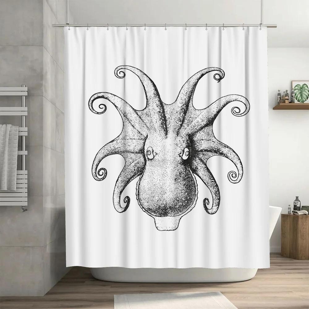 Elegant Octopus Shower Curtain Waterproof Bath Decor for Home Decoration White and Black Modern Print