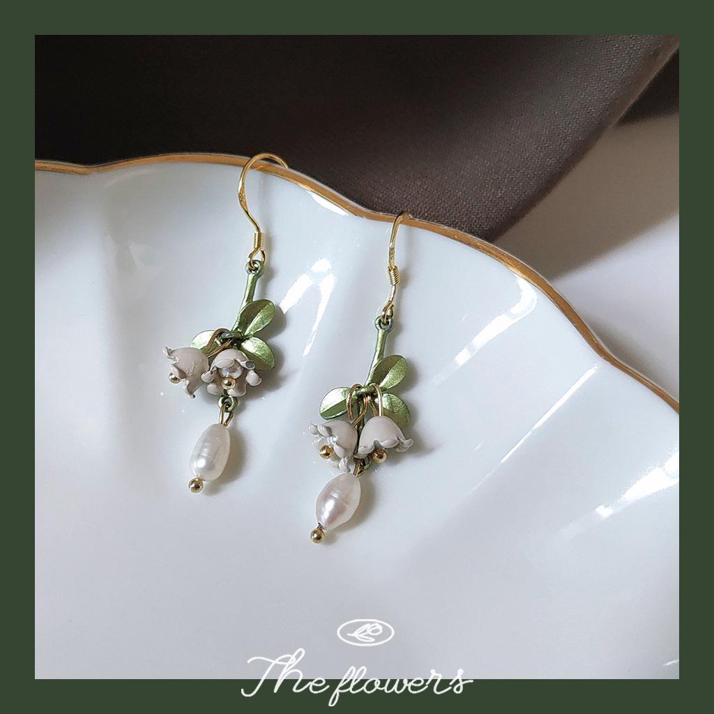 Lily of the Valley Silver-Plated Earrings with Green Tassel and Freshwater Pearl