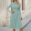 Women's Casual Fashion High Neck Long Sleeve Color Midi Dress