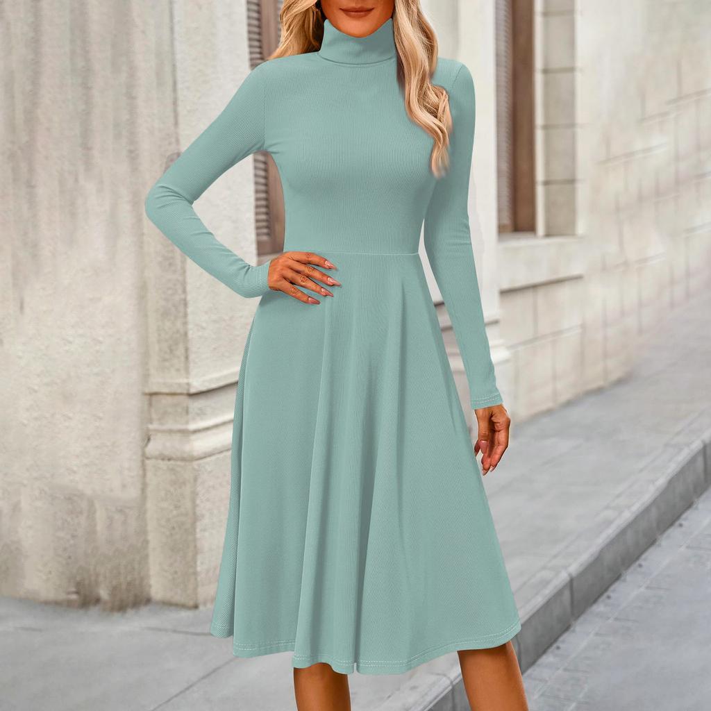 Women's Casual Fashion High Neck Long Sleeve Color Midi Dress