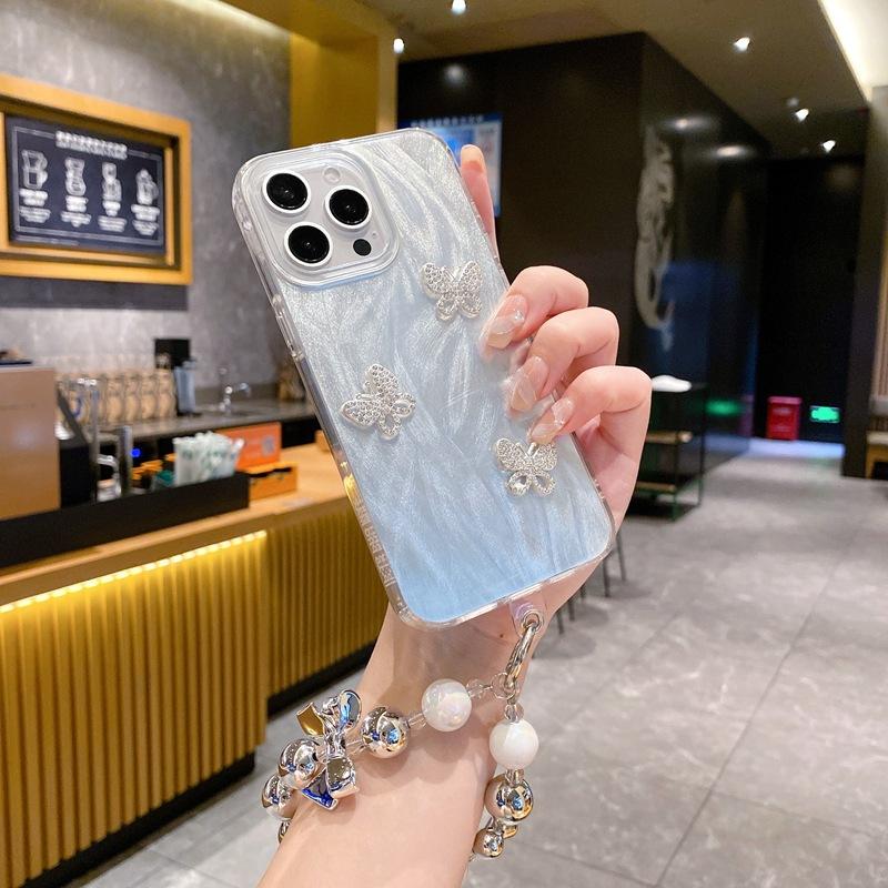 Three-dimensional pleated love is suitable for Samsung A55 mobile phone case, large hole IMD feather yarn S24Ultra premium silver bracelet.