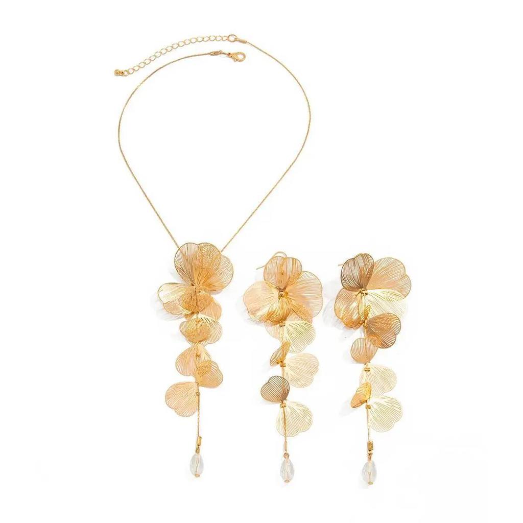 SHIXIN Elegant Leaf Flower Pendant Necklace Drop Earrings Jewelry Set For Women Golden Petals Tassel Long Necklace Party Jewelry