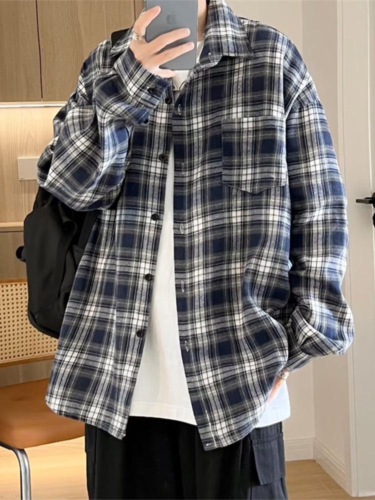 Men's Oversized Black and White Plaid Long-Sleeve Shirt - Trendy Casual for Spring and Autumn