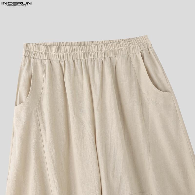 INCERUN Men Elastic Waist Cotton Linen Casual Solid Color Drop-crotch Pants Lantern Trousers