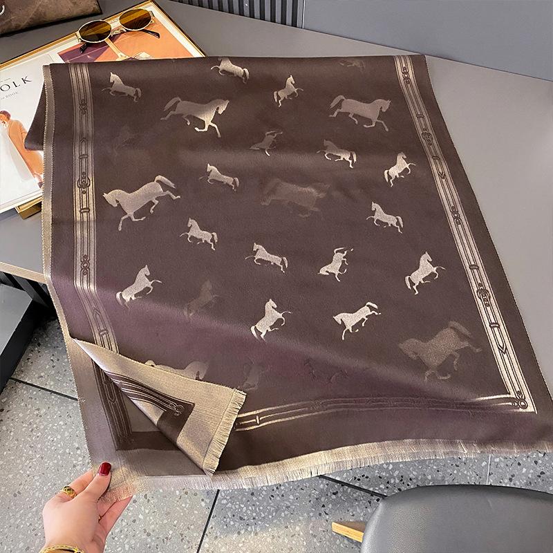 Autumn and winter retro equestrian style galloping horse pattern shawl women's high sense versatile thickened warm fringed scarf dual-purpose