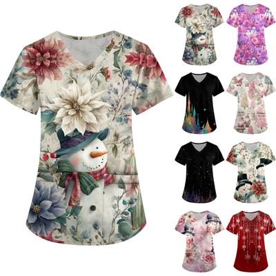 Women's Printing Uniform Work Uniform V-neck Pockets Basic Short Sleeve Pullover Top