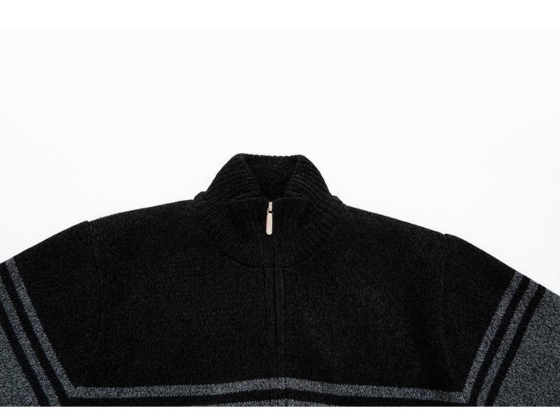 Men's Color Block Stand Collar Knitted Cardigan - Autumn/Winter Plus Velvet Long-Sleeve Sweater