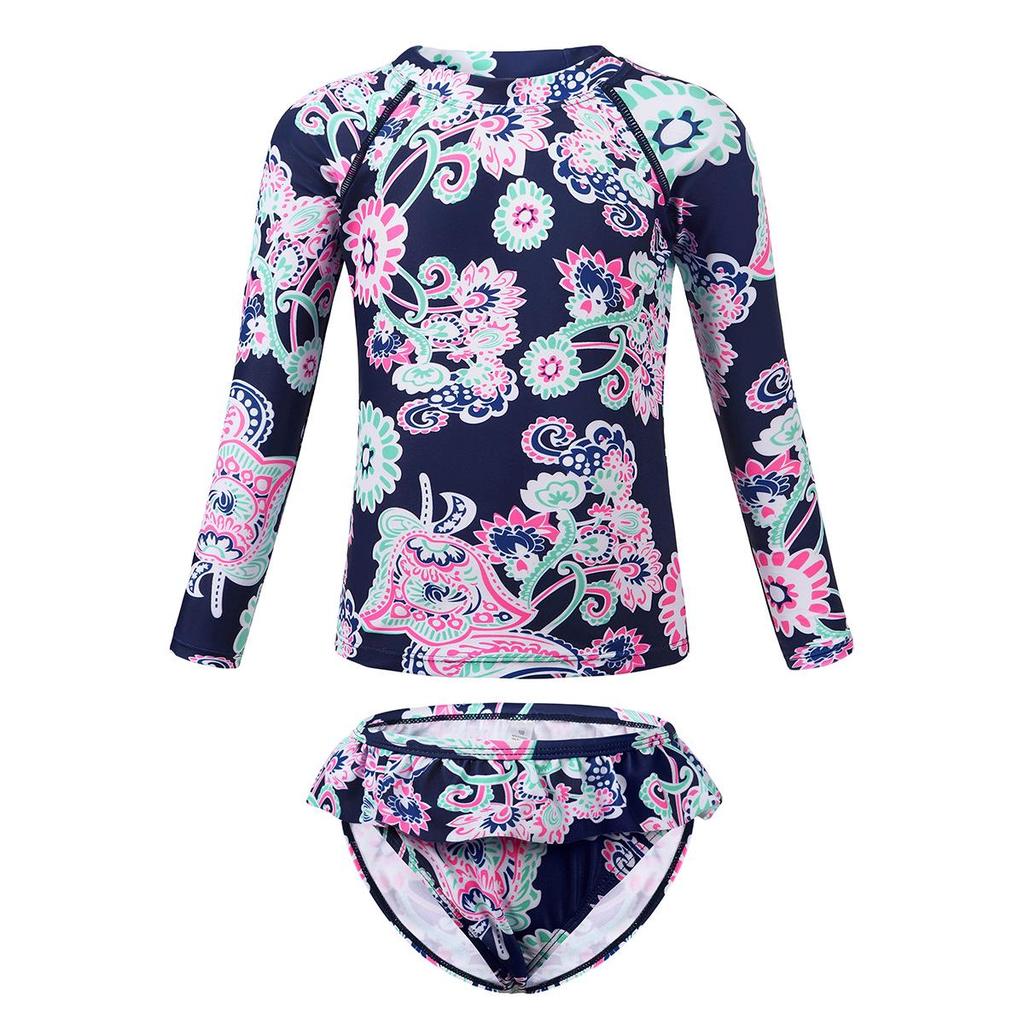Tropical Plant Print Girls' Long-Sleeved Swimsuit Set with Ruffle Bottoms - Quick-Dry & Sun Protection