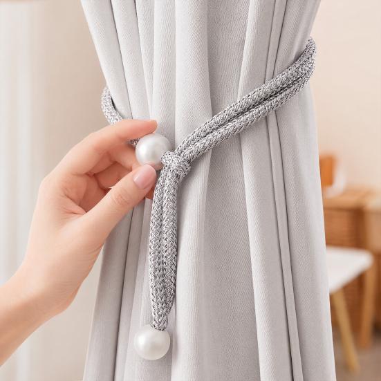 2Pcs Faux Pearl Curtain Tieback, Adjustable Window Curtain Holders Ties Backs, Drape Curtain Holdbacks for Home, Bedroom Decoration