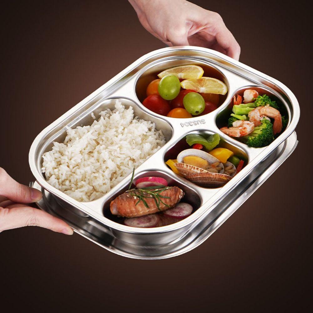 4/5-Compartments Divided Dinner Tray 304 Stainless Steel School Food Plate Canteen