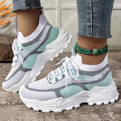 Women's Colorblock Knitted Sneakers Stylish Breathable Low Top Running Trainers, Comfy Outdoor Sports Shoes Plus Size