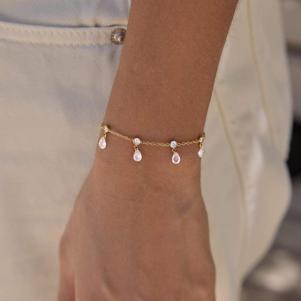 Stainless Steel Crystal Pendant Bracelet for Women Gold Color Dangle Teardrop Zircon Chain Dainty Charm Jewelry Summer Gift