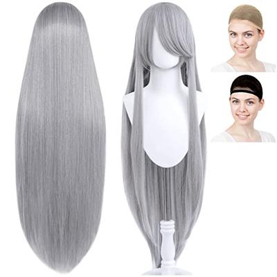 CaseEden Cosplay Wig, Smooth, Straight, Long, 100cm, Light Gray, White, Includes 2 Wig Nets