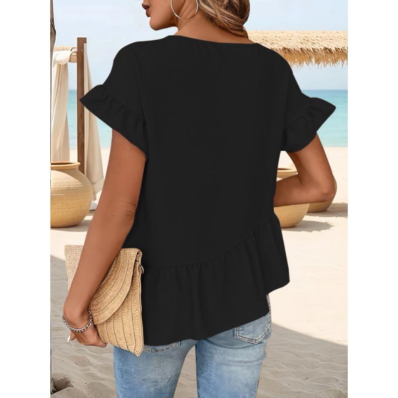 Elegant Solid Color Women's Woven T-Shirts Round Neck Flutter Sleeves & Ruffled Hem T-Shirt Stylish Summer Top