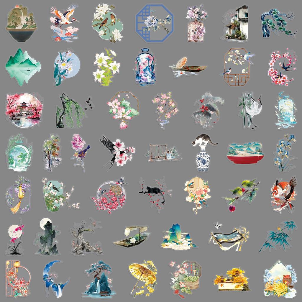 50 Sheets Chinese-Style Transparent Stickers: Elegant Ancient Graffiti for Crafts, Storage Boxes, Notebooks, and Envelopes.