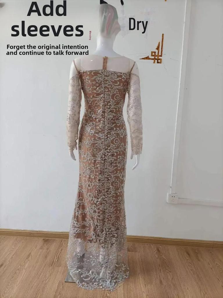 2025 Spring European & American Women's Hot Stamping Long-Sleeved Slim Evening Dress