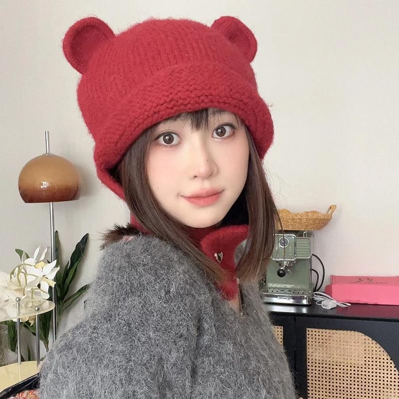 Cappello di Lana Carino con Orecchie d'Orso Giapponese per Donna in Autunno e Inverno Nuovo Caldo Cappello a Maglia che Mostra il Viso Protezione per Collo e Orecchie Cappello