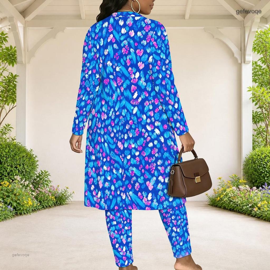 Women Plus Size Tropical Printed Three Piece Set Long Sleeve Open Front Cardigan Strappy Top Long Pants