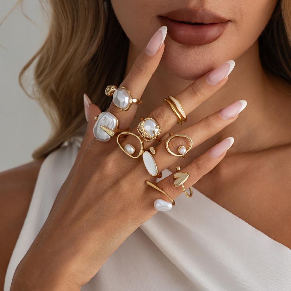 Trendy Irregular Baroque Pearl Ring Set – Geometric Hip-Hop Design, Light Luxury Statement Jewelry for Modern Women