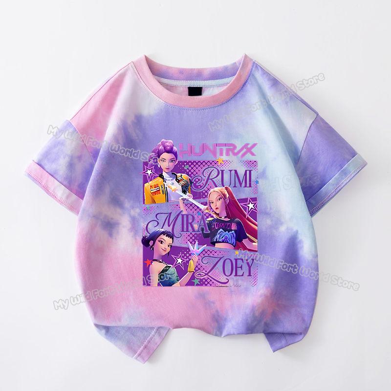 Haijian03 KPop Demon Hunters Tie-dye T-shirt voor Meisje Tops met Korte Mouwen Rumi Mira Zoey Print T-shirts Leuke Zomer Kinderkleding 120