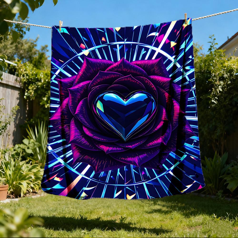 1pc Heart Rose Outdoor Flannel Blanket , Machine Washable Perfect Gift for Birthday , Holiday Travel Accessory , Durable Material
