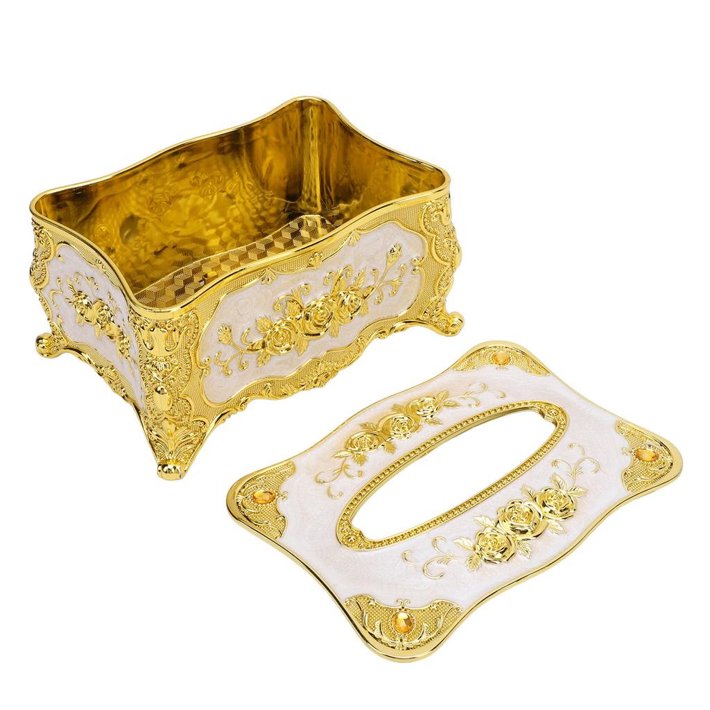Tissue Box Cover Holder Luxury Facial Napkin Paper Towel Organizer Dining Room Ornaments Rose Pattern Gold White