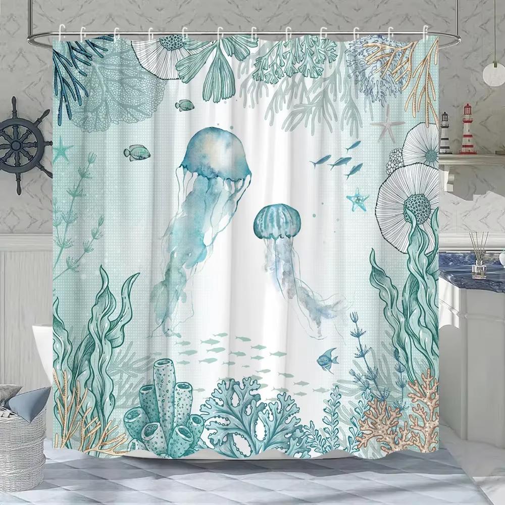 Underwater World Dolphin Turtle Shower Curtain,Ocean Animals Polyester Fabric Bathroom Curtains for Home Decoration Curtain