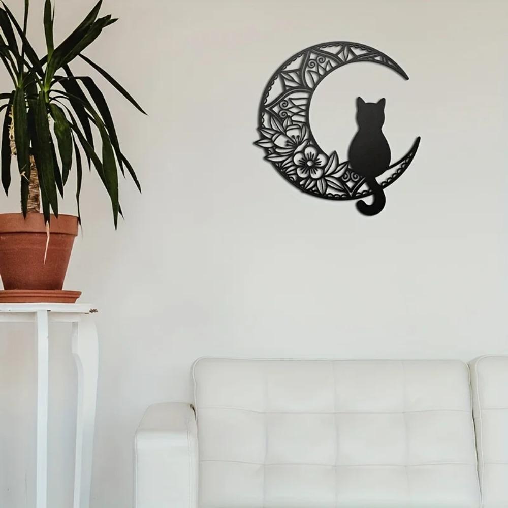 1pc Cat and Moon Metal Wall Decor - Black Cat On Moon Wall Sculpture for Cat Lovers, Stylish Home Decor