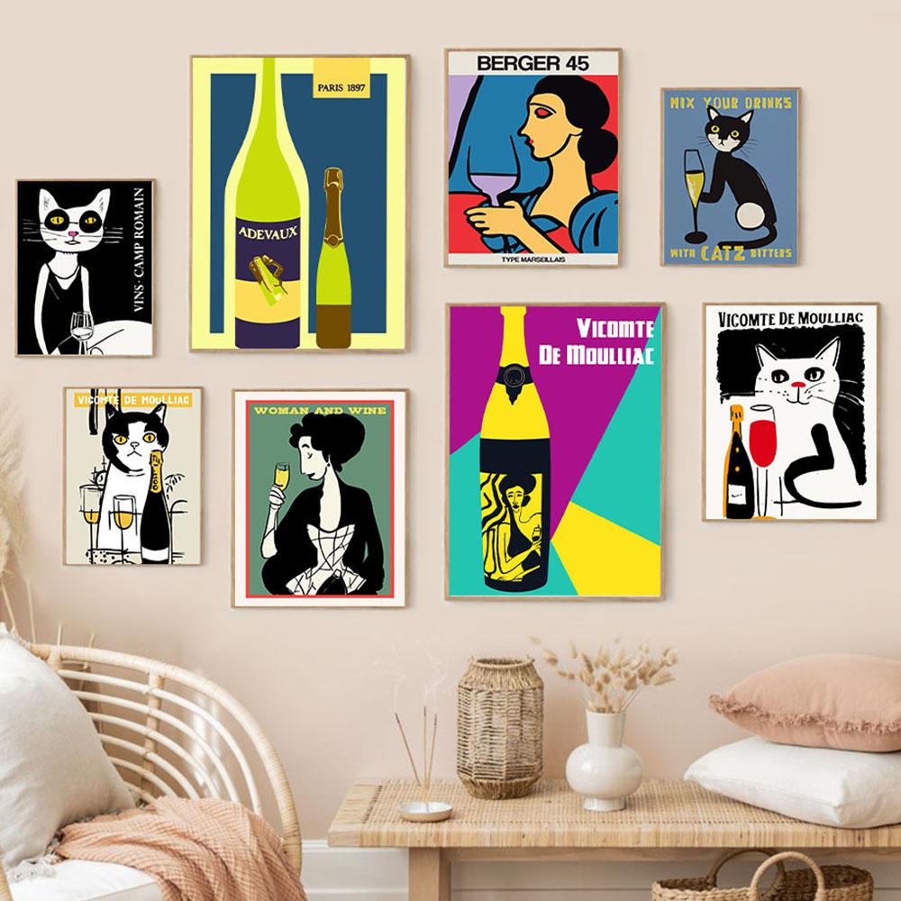 Funny Cats Drink Red Wine Poster Classic Advertising Alcohol Champagne Canvas Painting Prints for Living Room Home Decor Picture