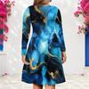 Women Plus Size V Neck Long Sleeve Blue Gold Printed A Line Dress