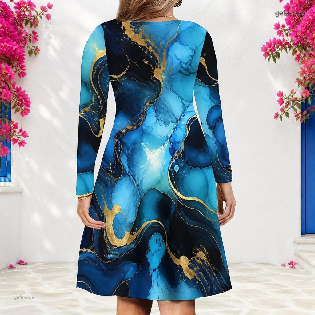 Women Plus Size V Neck Long Sleeve Blue Gold Printed A Line Dress