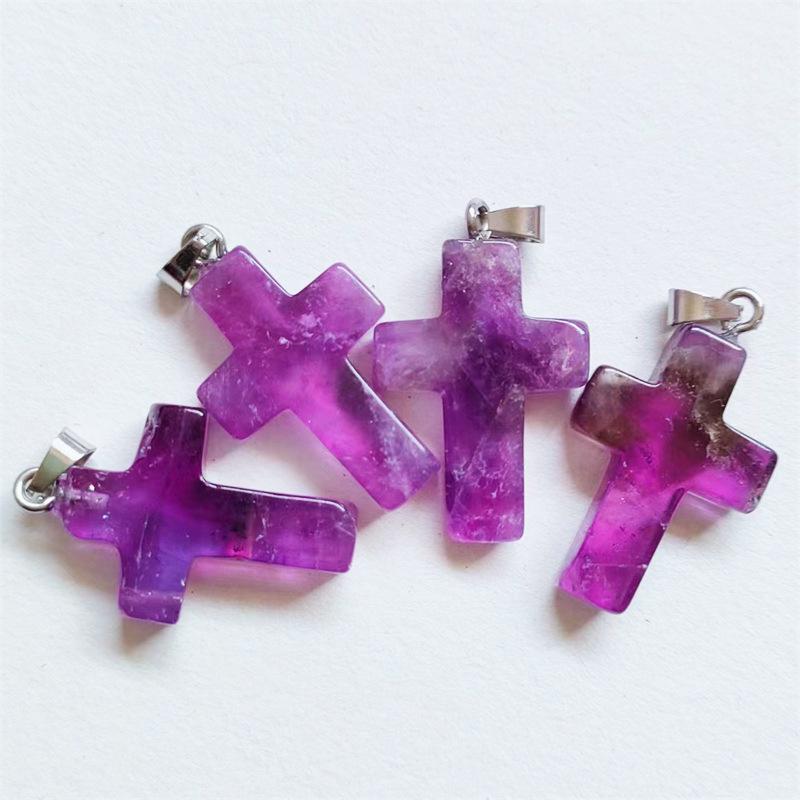 Amethyst Stone Cross Pendant Necklace - European & American Fashion Accessory